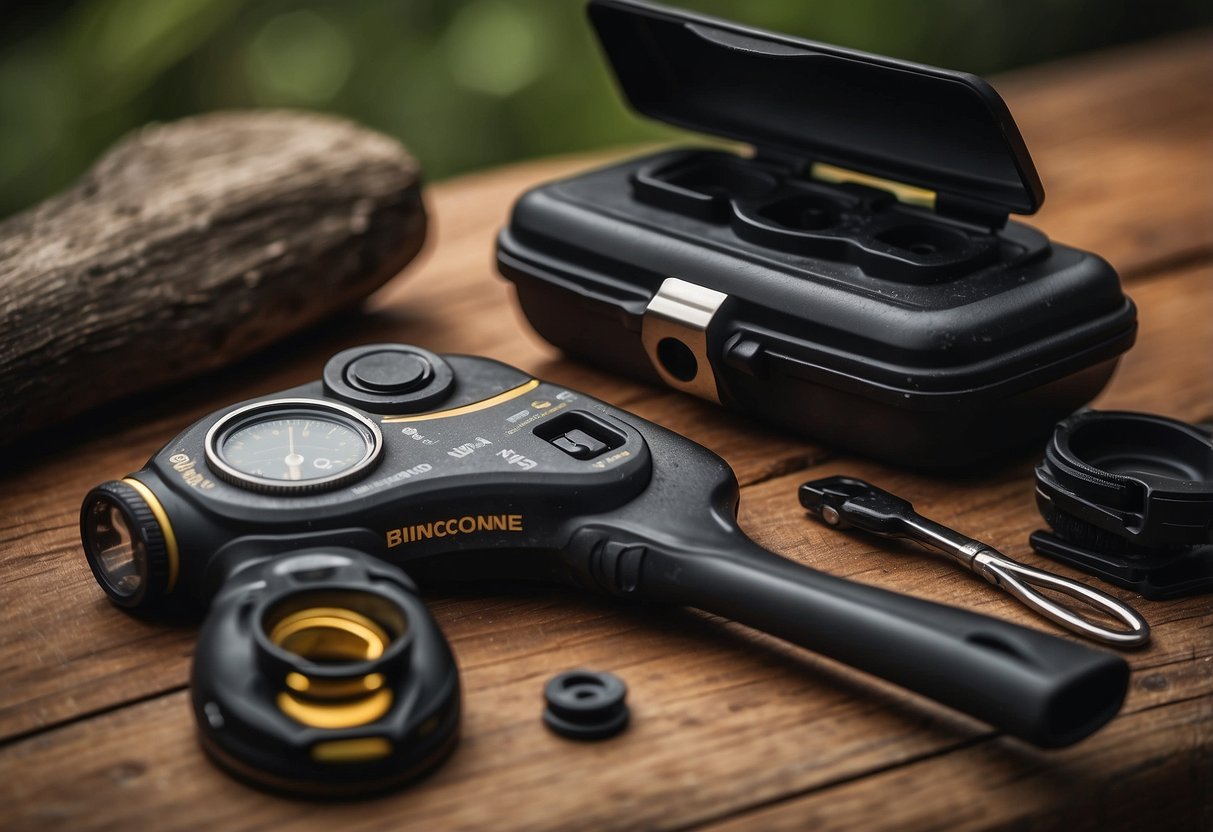 A multi-tool laid out with various attachments, a small brush for cleaning, and a manual on proper use and maintenance. A bird-watching guidebook and binoculars nearby