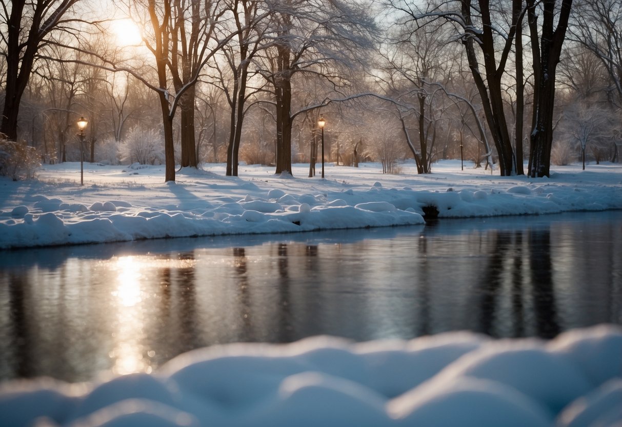 Snow-covered trees line a frozen lake, as colorful birds flutter around bird feeders. A variety of winter birds gather, including cardinals, blue jays, and chickadees