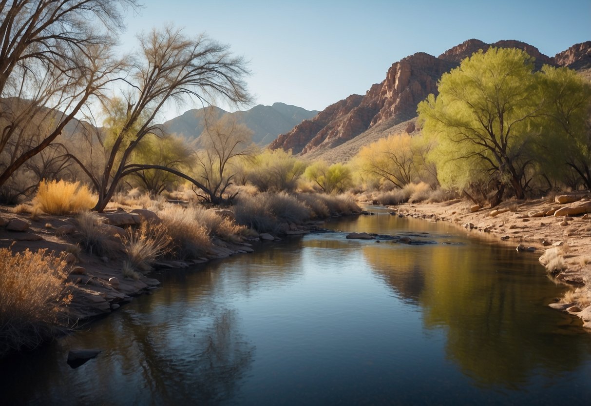 A serene bend in the Gila River, surrounded by lush vegetation and teeming with winter bird activity