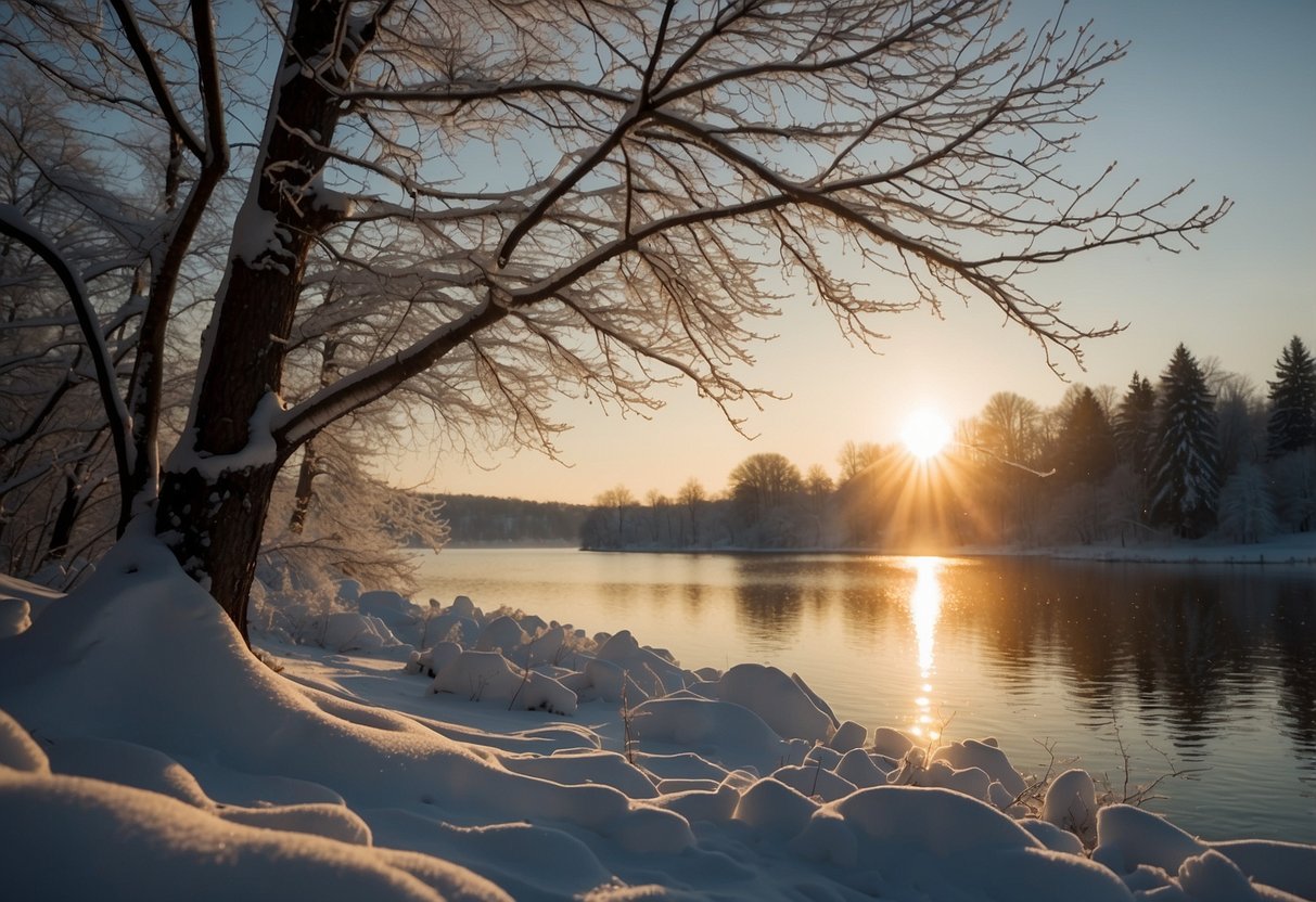 Snow-covered trees and a tranquil lake with various bird species perched on branches and gliding over the water. Sun setting in the background