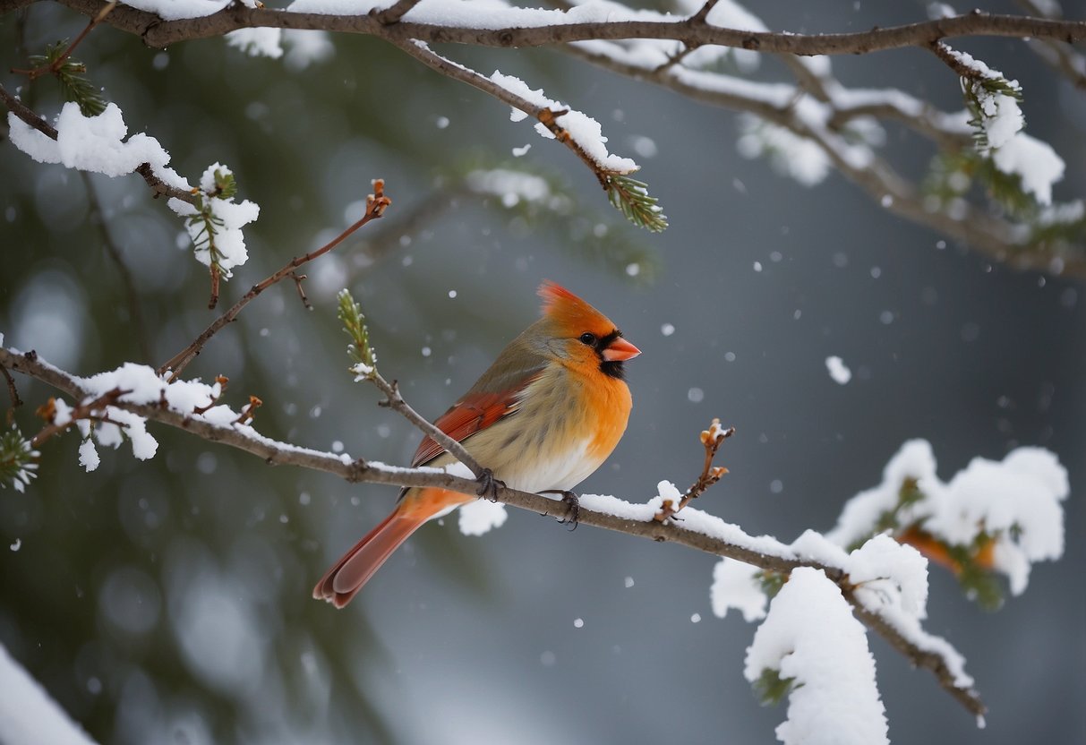 Birds flock around feeders in snowy landscapes, perched on branches or flying overhead. Different species are visible, including cardinals, chickadees, and blue jays