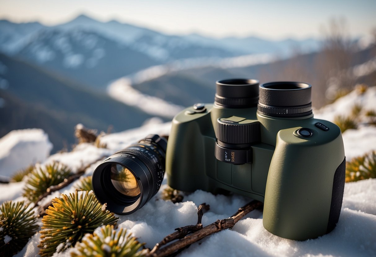 Winter bird watching gear displayed with snowy landscapes in background. Binoculars, camera, and warm clothing. Top 10 locations listed