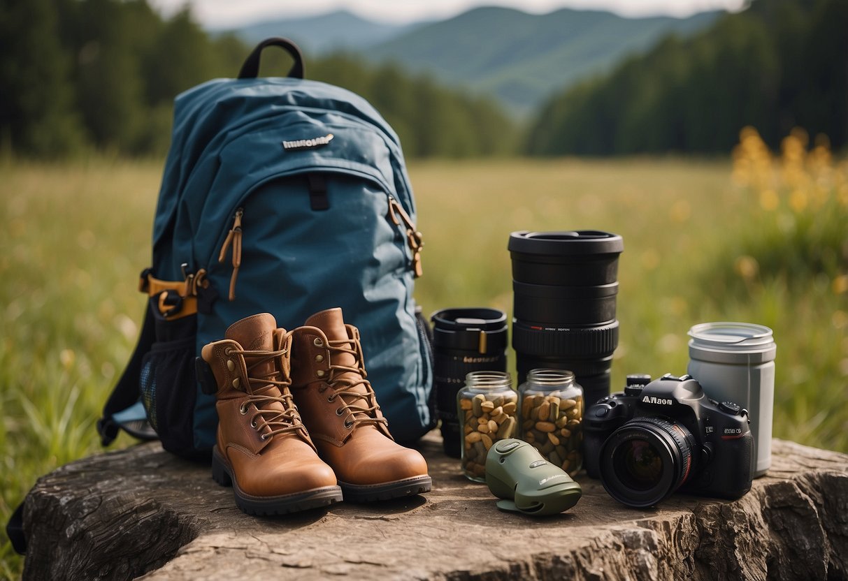 Birdwatching gear laid out: sturdy hiking boots, cushioned socks, binoculars, and a wide-brimmed hat. A backpack with water and snacks sits nearby