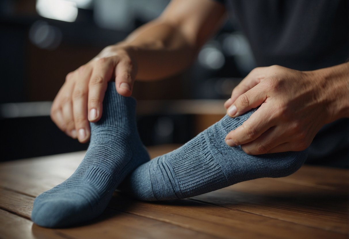 A pair of moisture-wicking socks is being put on, with a focus on the texture and material of the fabric