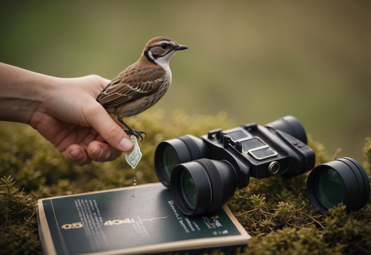 A hand holding anti-chafe balm next to binoculars and a bird field guide