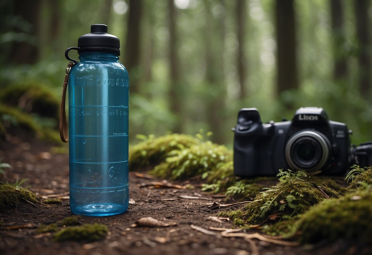 A water bottle surrounded by bird watching gear, with a trail of footprints leading into the distance