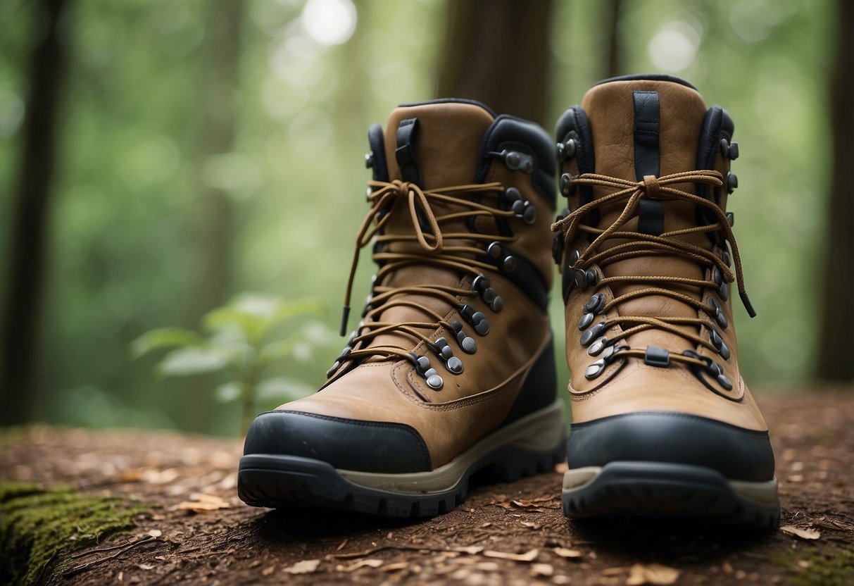 A pair of breathable hiking boots on a forest trail, surrounded by bird watching equipment and a serene natural setting