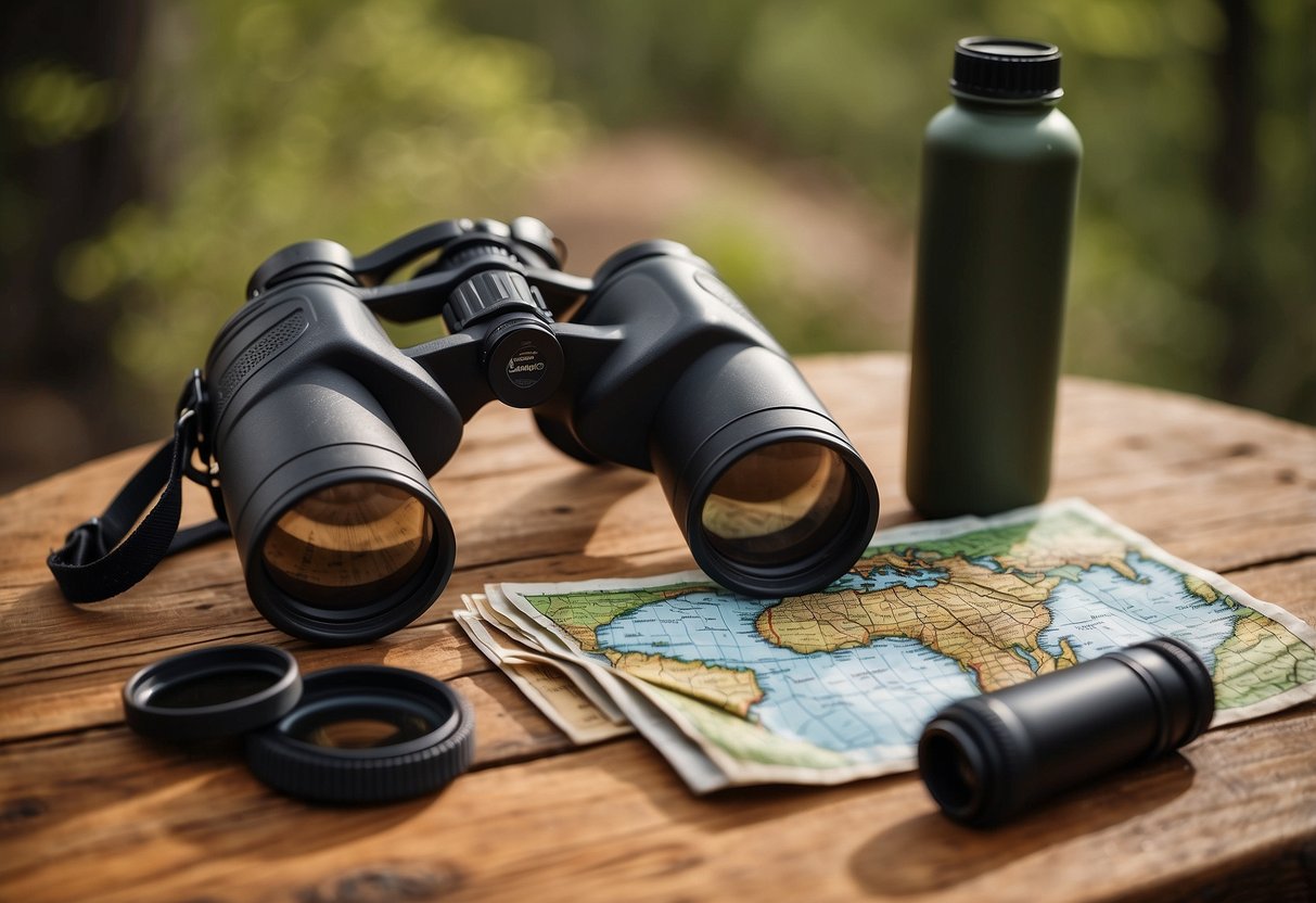 A pair of binoculars and a map laid out on a wooden table, surrounded by hiking boots, blister pads, and a water bottle