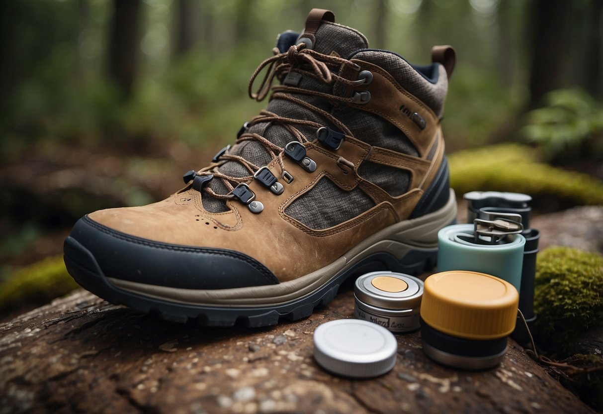 A pair of comfortable hiking boots next to a pair of well-worn trail shoes, surrounded by various blister prevention items like moleskin, band-aids, and blister pads