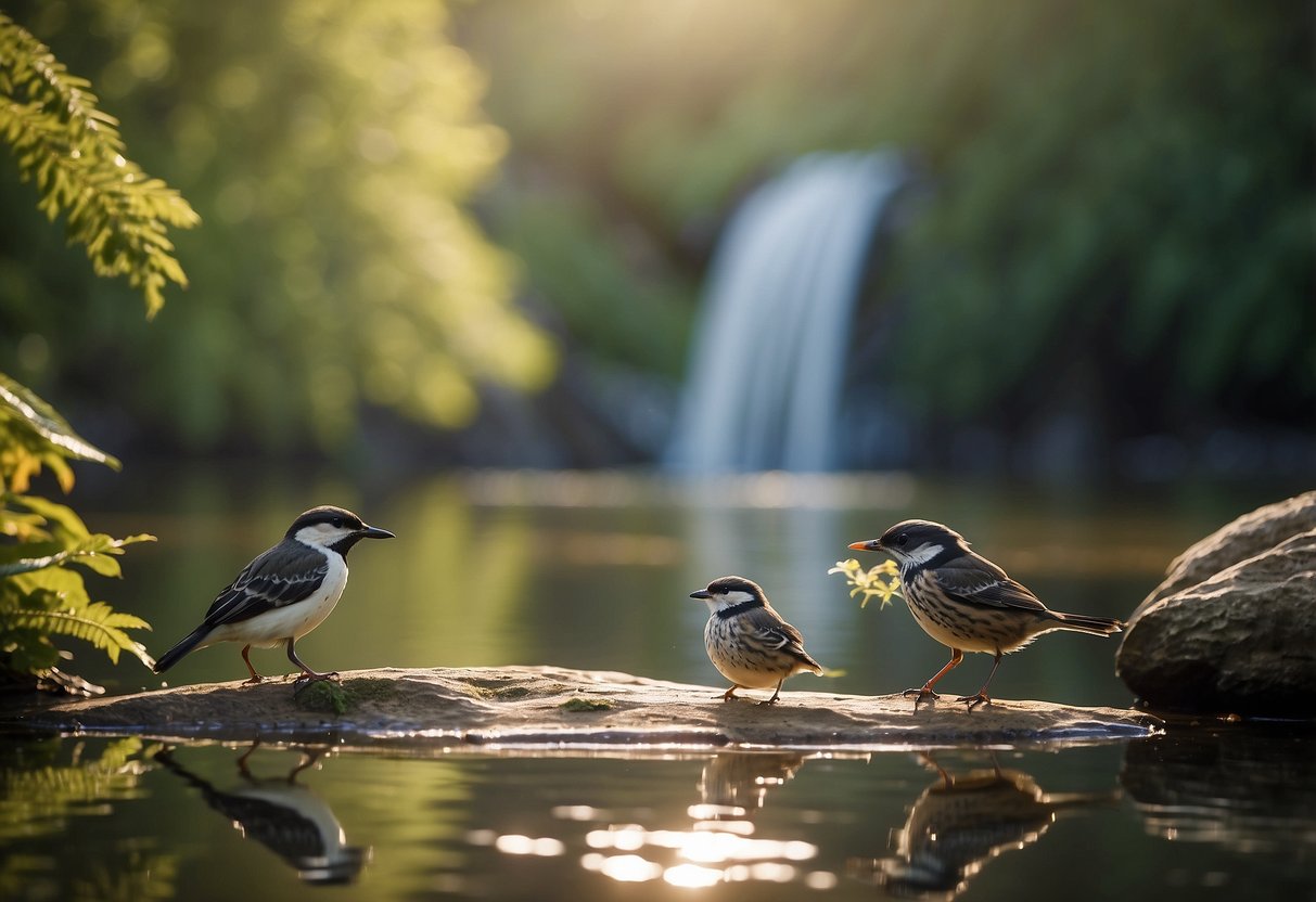 Birds gather around a tranquil pond, a rushing river, a cascading waterfall, a freshwater marsh, and a serene lake