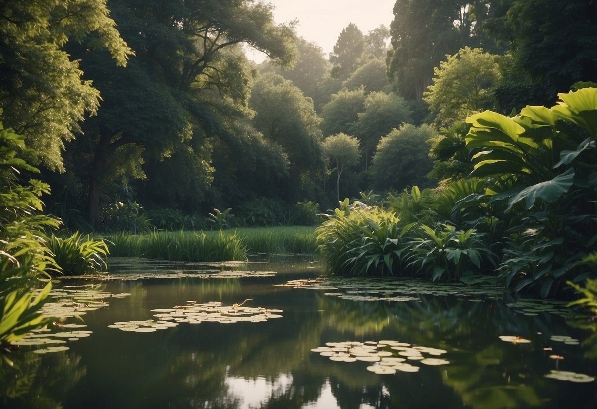 A tranquil pond surrounded by lush vegetation, with a variety of bird species perched and splashing in the water