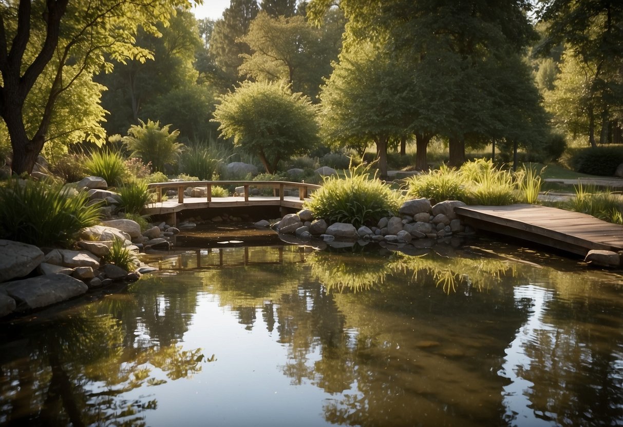 A serene pond reflects the surrounding trees, attracting various bird species. A small stream trickles nearby, providing a natural water source for the birds. Bird feeders and birdbaths are strategically placed, offering artificial water sources for closer observation