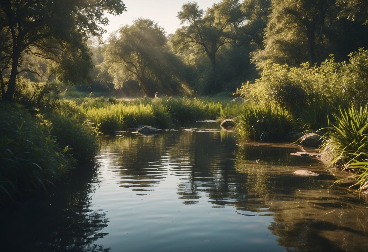 A tranquil pond surrounded by lush vegetation, with birds perched on the water's edge and flying overhead. A clear stream flowing through a wooded area, with birds drinking and bathing in the shallow waters