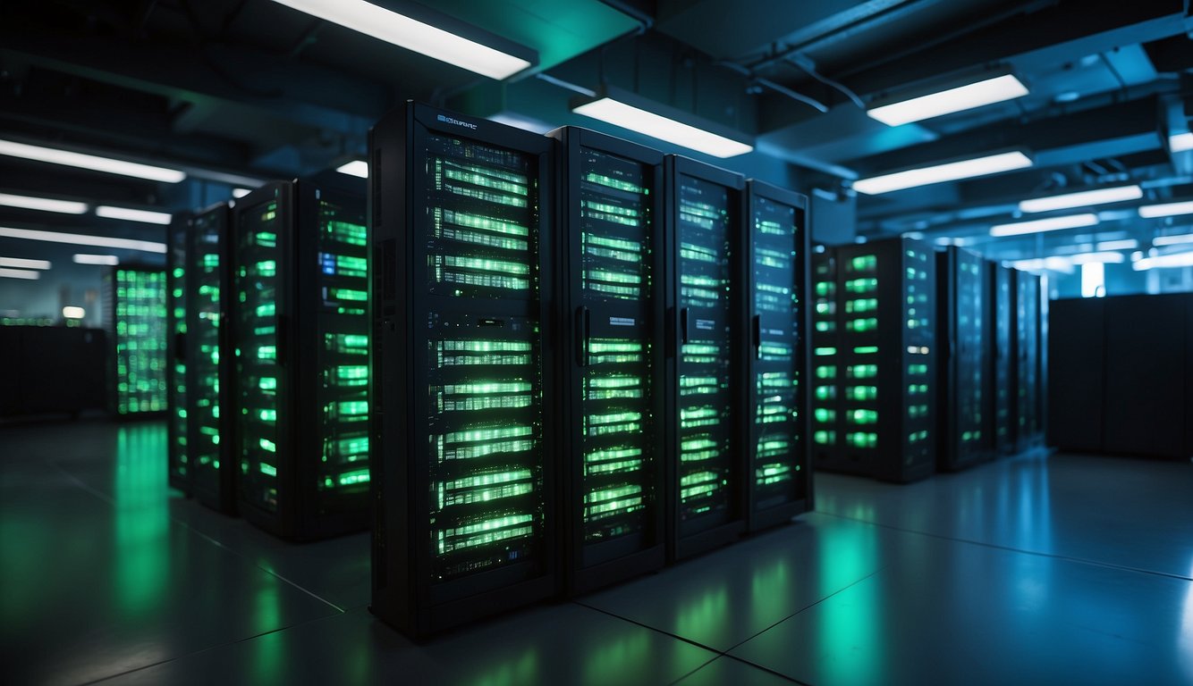 A colorful and vibrant computer server room, with rows of sleek and modern servers humming softly, surrounded by glowing green and blue lights