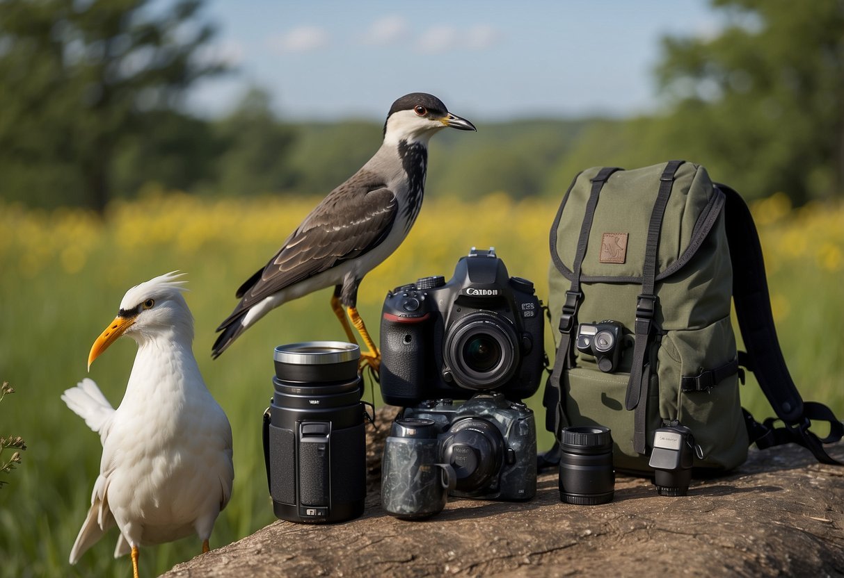 Birds perched on branches, a pair of binoculars, a field guide, and a camera on a tripod. A backpack with water bottle and snacks, and a small trash bag. No litter or disturbances in the natural setting