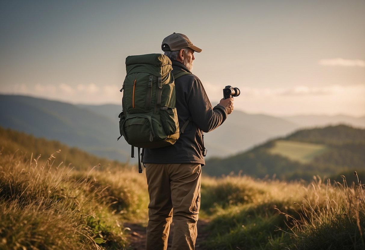 A birdwatcher follows a marked trail, binoculars in hand. They avoid disturbing wildlife, leaving no trace of their presence