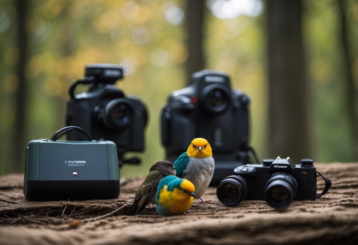 Birdwatchers quietly observe nature, leaving no trace. Binoculars, field guides, and a camera are neatly arranged on a blanket. A bird feeder hangs from a tree, attracting colorful birds