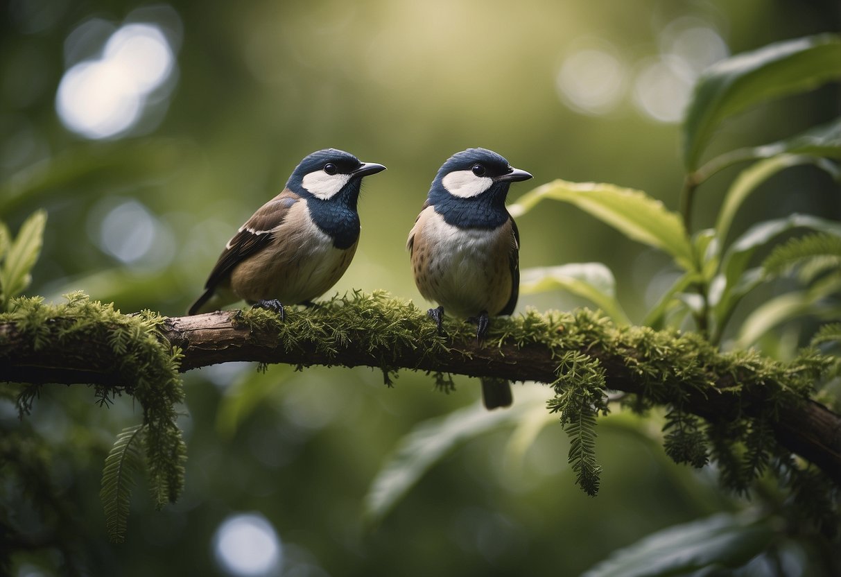 Birds perched in lush trees, surrounded by untouched nature. No human presence, only the beauty of wildlife and habitats