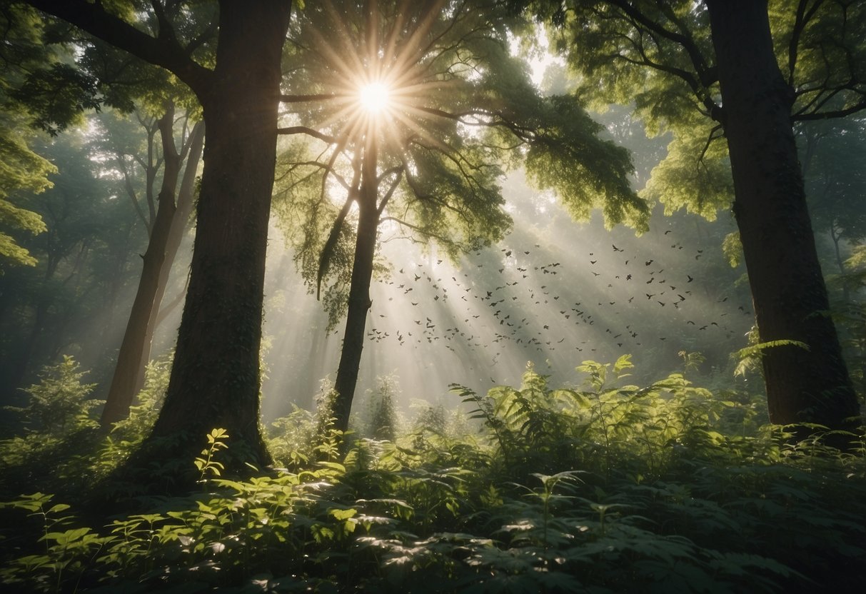 A serene forest with a variety of birds perched on branches and flying through the air, surrounded by lush greenery and dappled sunlight