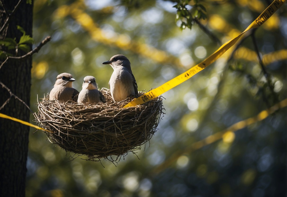 Birds nesting in trees, with caution tape around. No humans present