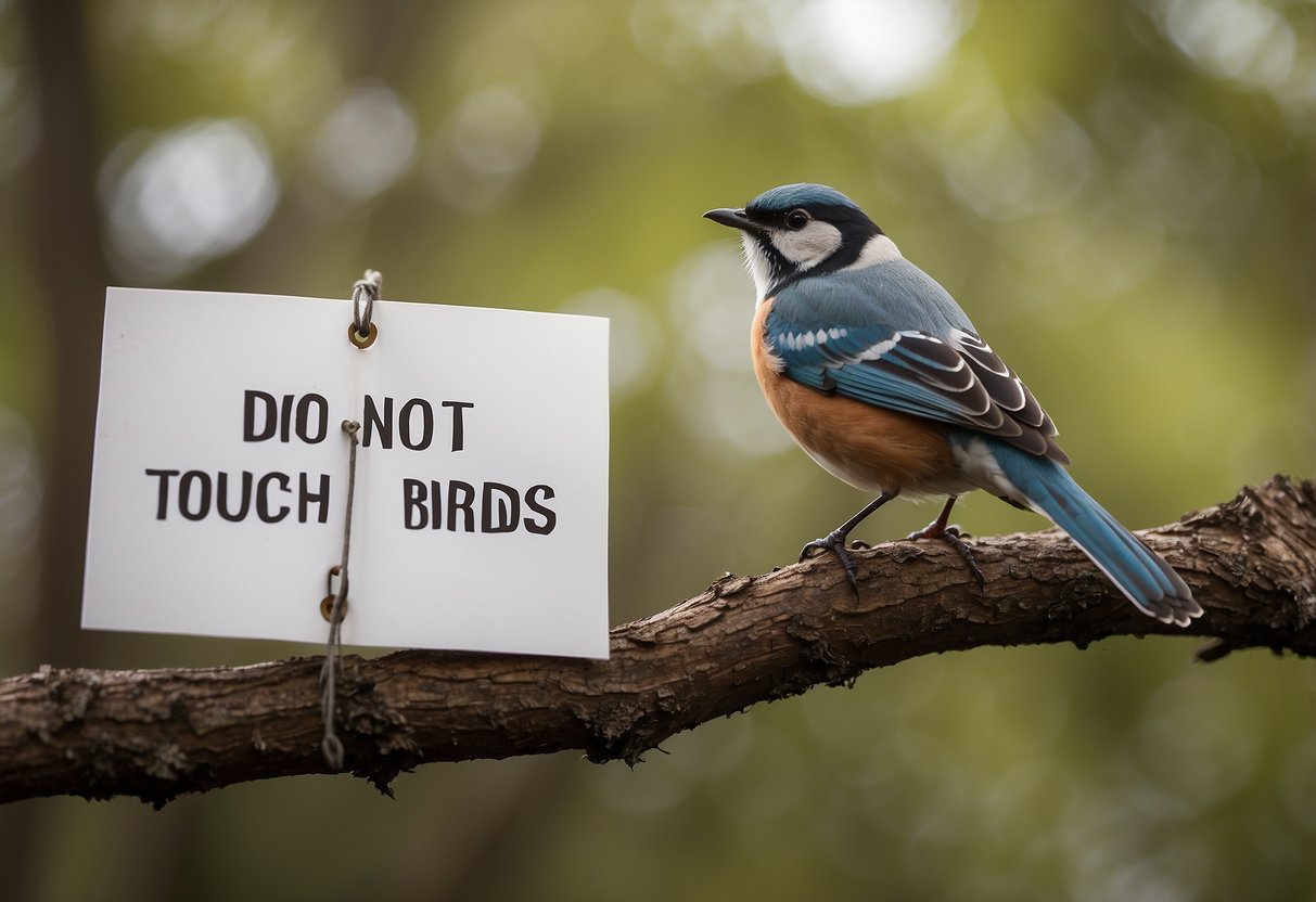 Birds perched on branches with a sign reading "Do not touch or handle birds" nearby. Bird watching tips listed in the background