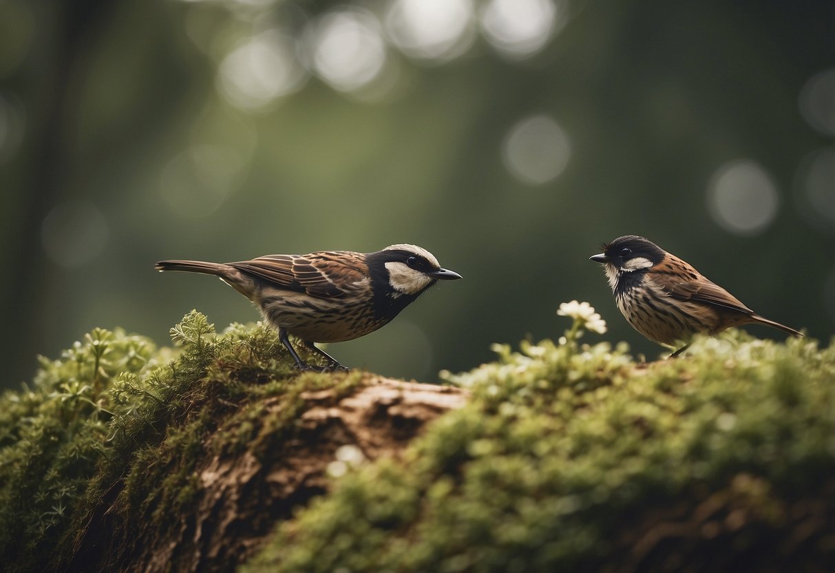 Birds observed through eco-friendly optics in a natural setting with no human presence, surrounded by untouched vegetation and minimal impact on the environment