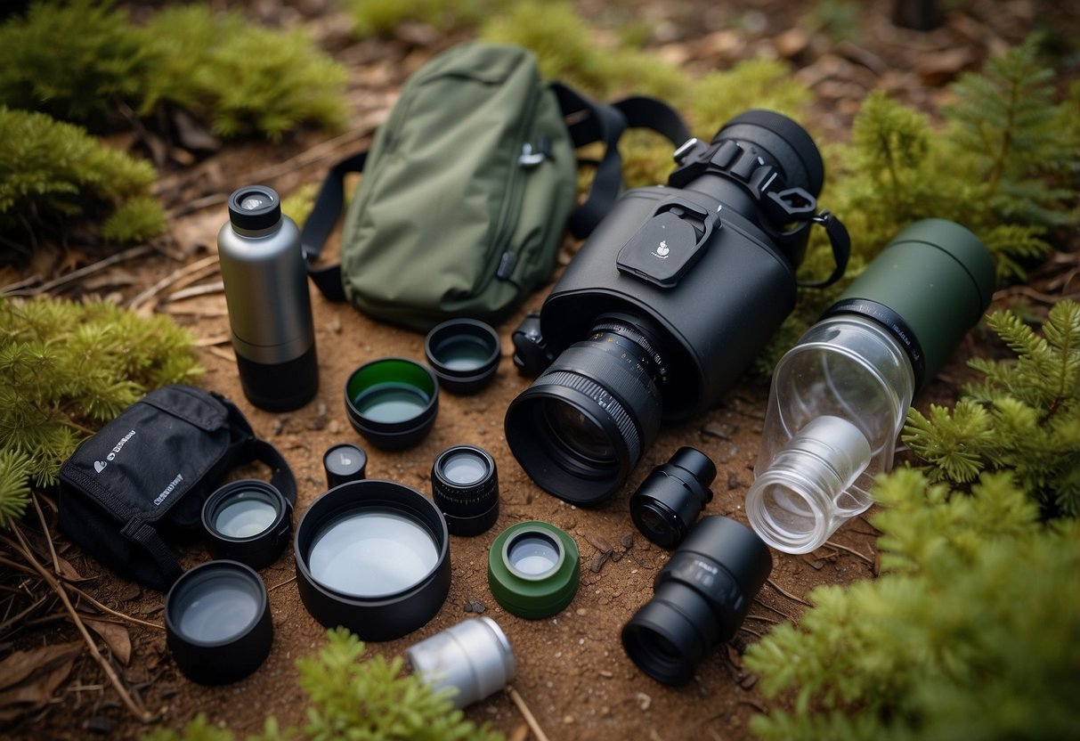 Bird watching gear laid out on a forest floor: binoculars, field guide, water bottle, and a small pack. No trash or disturbance to the natural environment