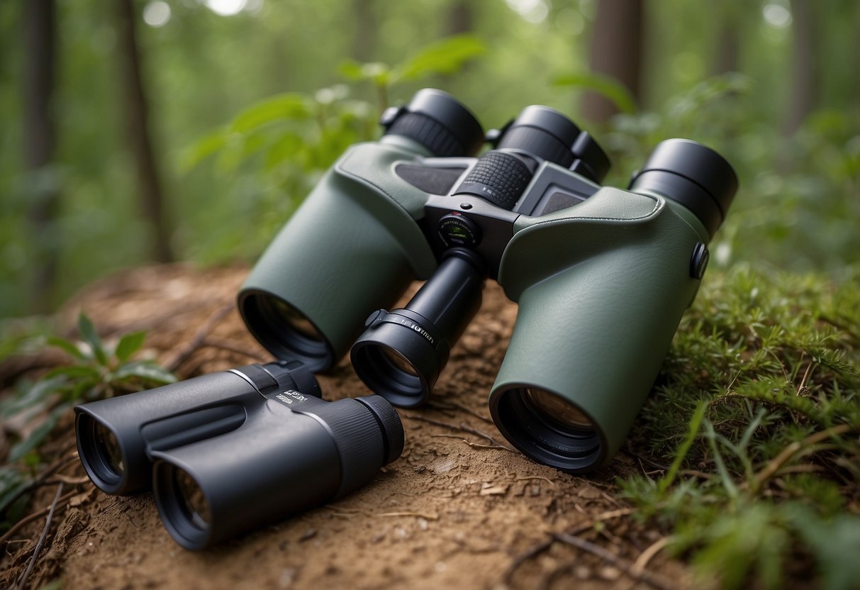 Birding ethics: binoculars, field guide, and camera on a nature trail. No litter, quiet observation, and respect for wildlife