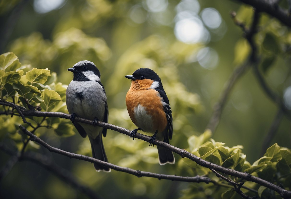 Birds perched on branches, surrounded by undisturbed foliage. No evidence of human presence, trash, or disturbances. Quiet and natural environment