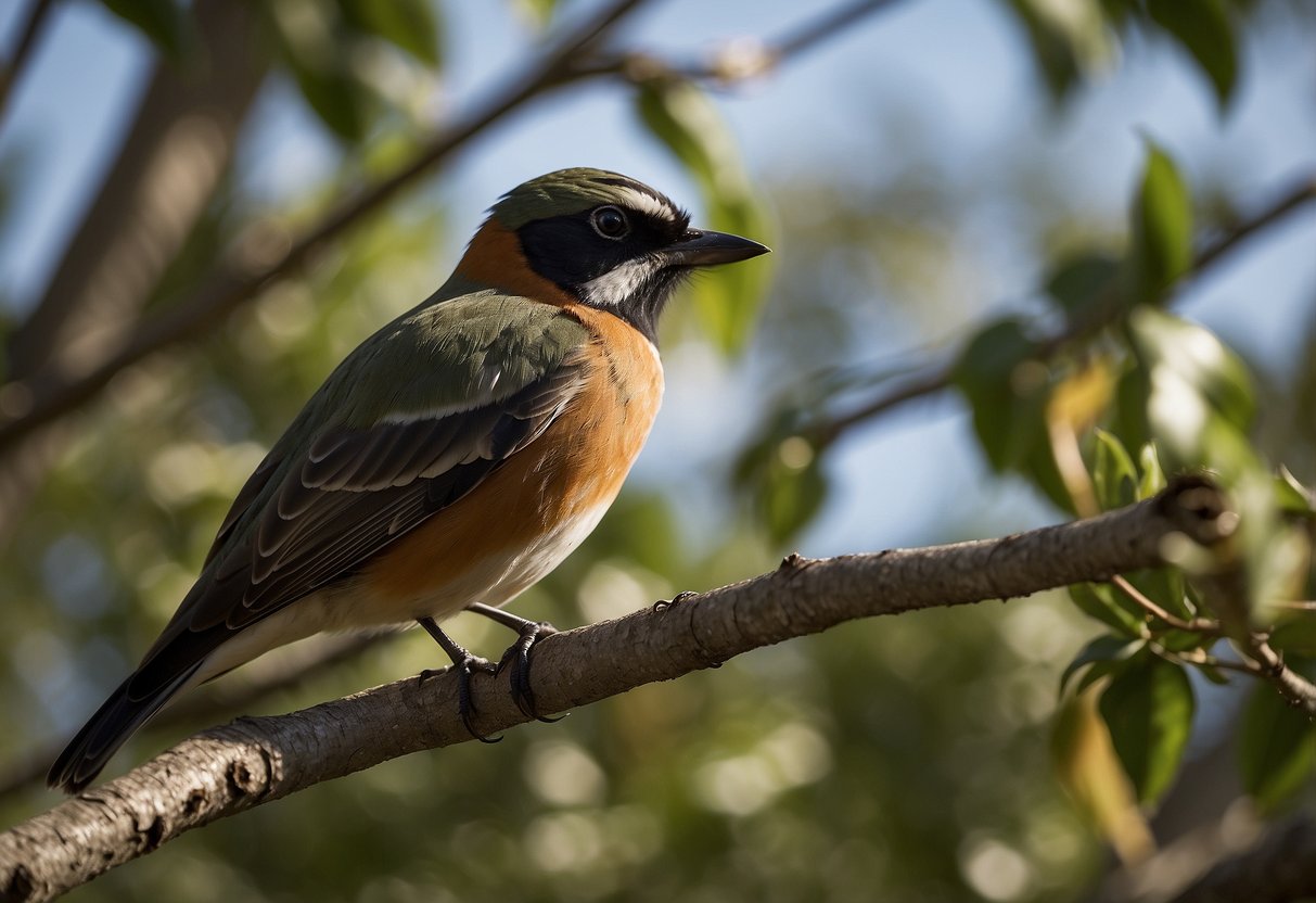 Birds perched on trees and flying in a natural habitat. Binoculars and camera equipment set up discreetly. No litter or disturbance to the environment