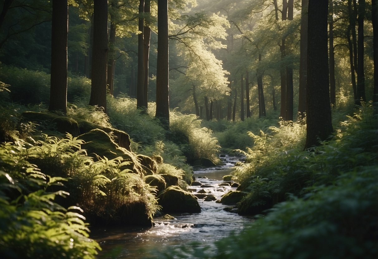 A serene forest clearing with diverse bird species perched in trees, a gentle stream flowing, and minimal human impact evident