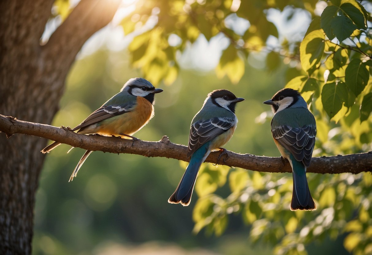 Birds perched in shade, sipping from water sources. Trees and bushes provide cover. Sun beats down on the landscape