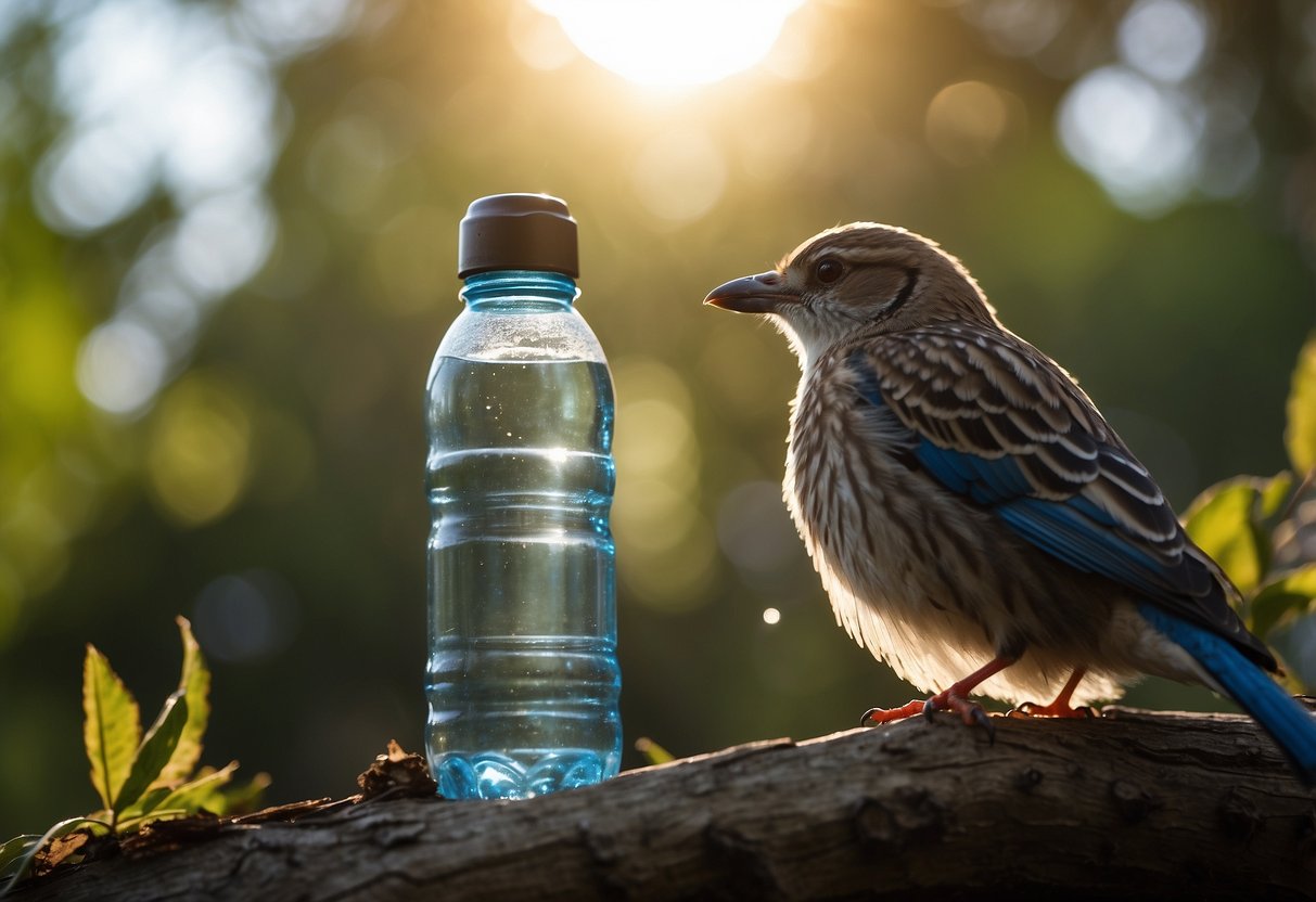 Bright sun, blue sky, trees, and a water bottle. A bird perched on a branch, feathers ruffled. Heat waves rising from the ground