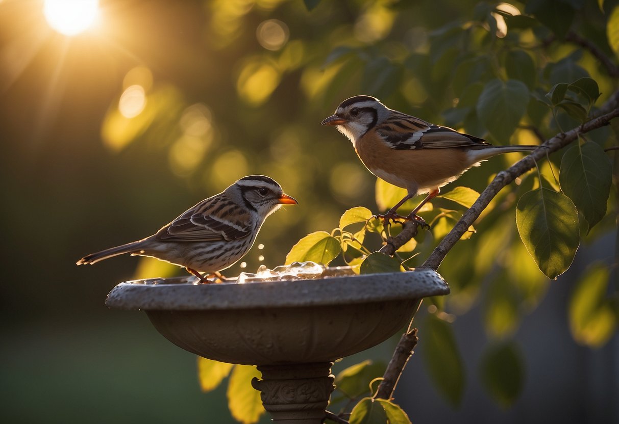 Birds perched on branches, sipping from a birdbath. Sun setting, casting warm light on the scene. Trees provide shade from the heat