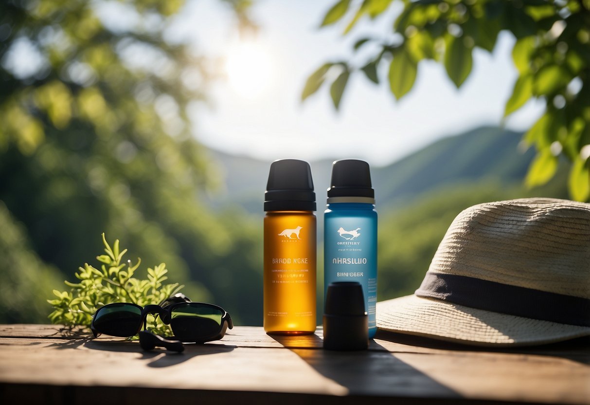 Birdwatching scene: Sunscreen applied to binoculars, hat and water bottle nearby. Bright sun, clear sky, lush greenery