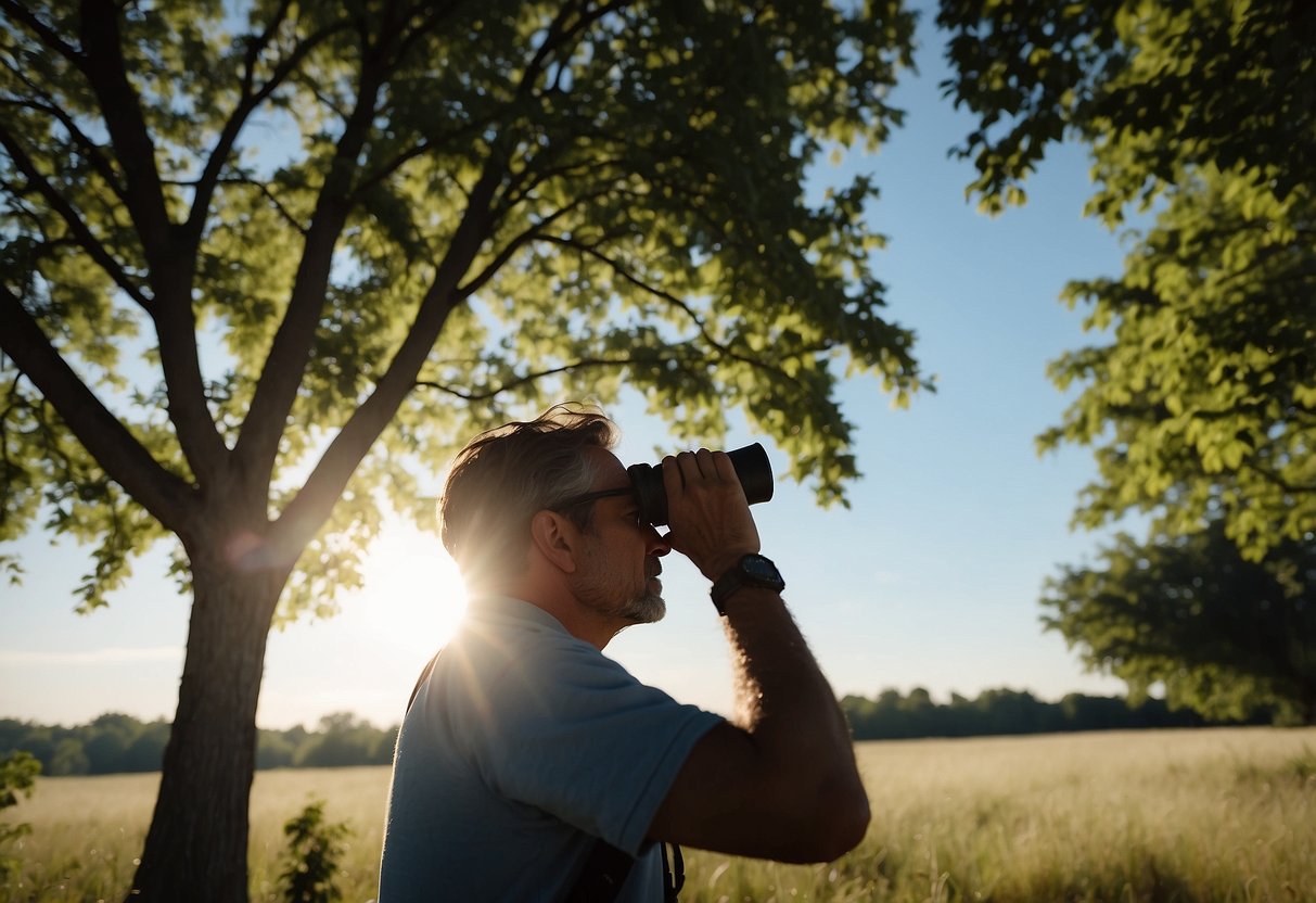 Bright sun, blue sky, trees casting shade. Birdwatcher with binoculars seeking shelter under a tree. Heat waves visible