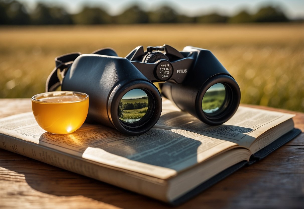 A pair of binoculars rests on a wooden table, surrounded by a field guide, water bottle, and sunscreen. The sun beats down on the grassy landscape, as a colorful bird flits through the air