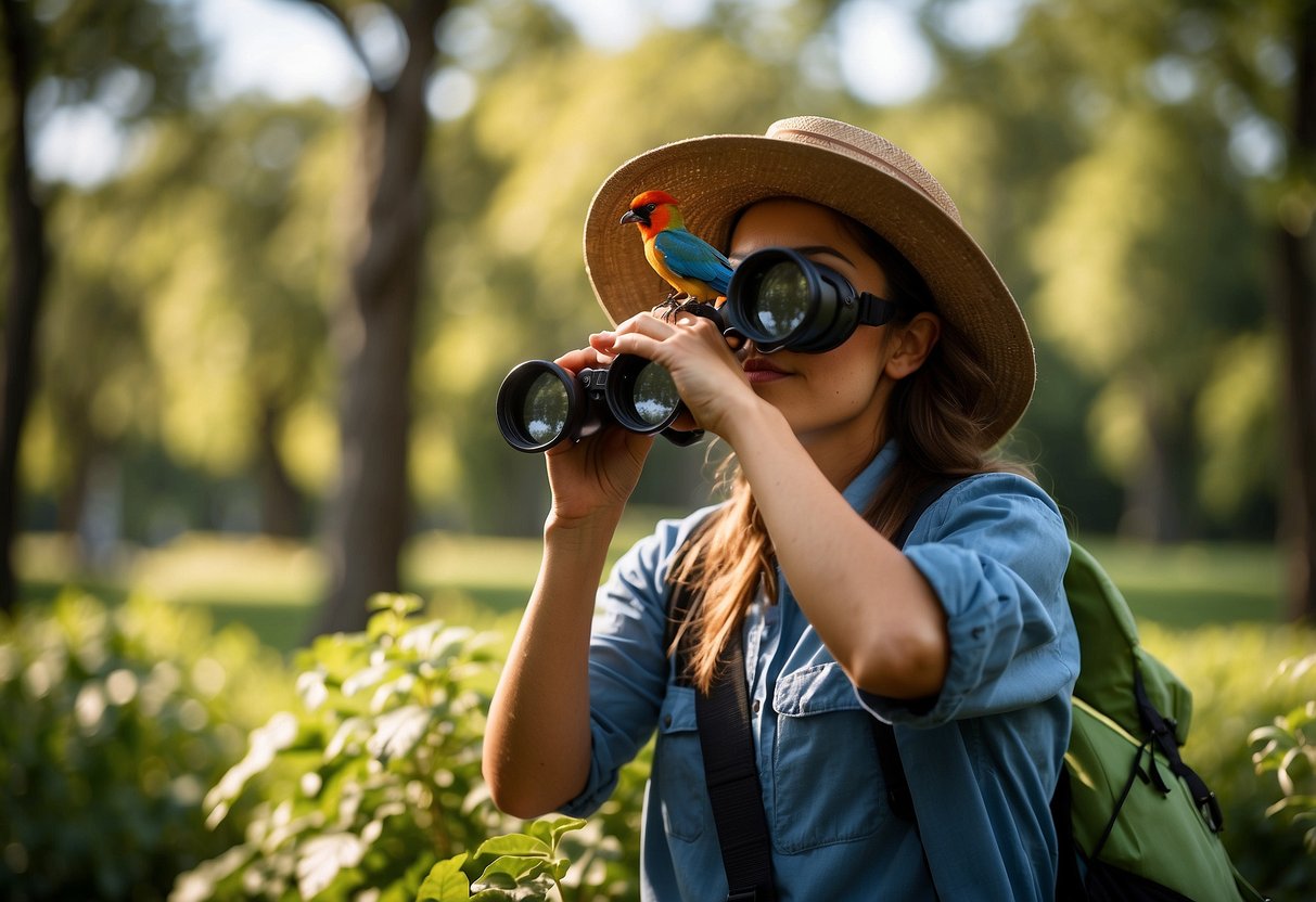 Bright sun, blue sky, lush green trees. A bird watcher wears a wide-brimmed hat, binoculars around neck. Sips water from a canteen, shades eyes with hand