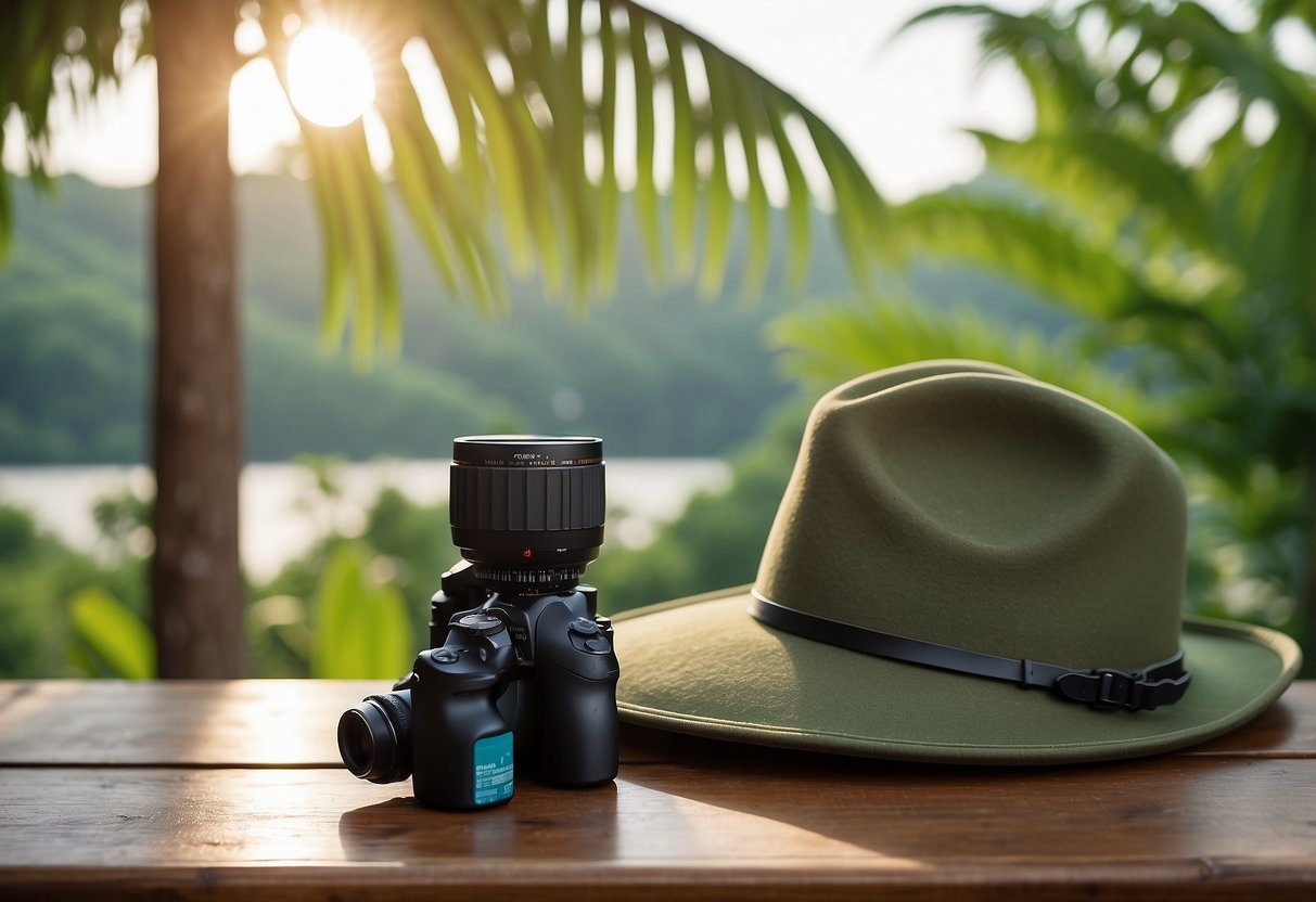 A wide-brimmed hat, lightweight binoculars, sunscreen, water bottle, breathable clothing, comfortable shoes, and a portable fan for hot weather bird watching