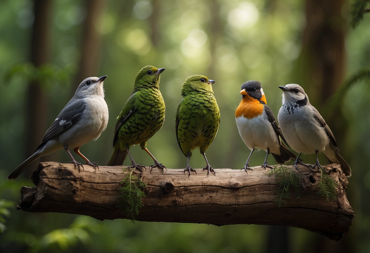 Lush green forest, with various bird species perched on tree branches, while a pair of bird watching socks are placed on a log