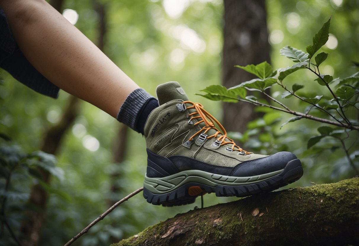 A pair of Darn Tough Hiker Boot Socks are perched on a tree branch, surrounded by colorful birds and lush foliage