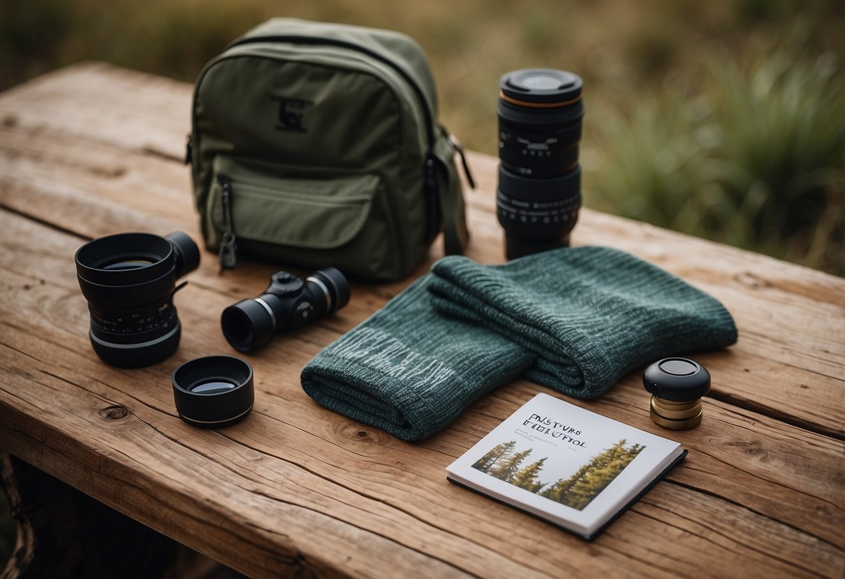 A pair of Smartwool PhD Outdoor Medium Crew Socks surrounded by binoculars, a bird field guide, and a nature journal on a rustic wooden table