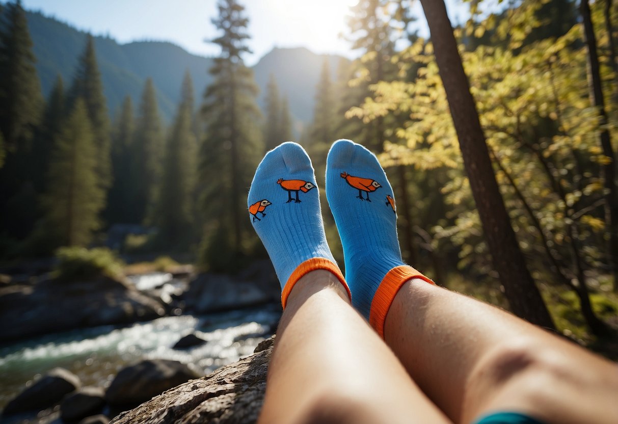 A pair of Thorlo Light Hiking Socks surrounded by colorful birds in a natural outdoor setting, with trees and a clear blue sky in the background