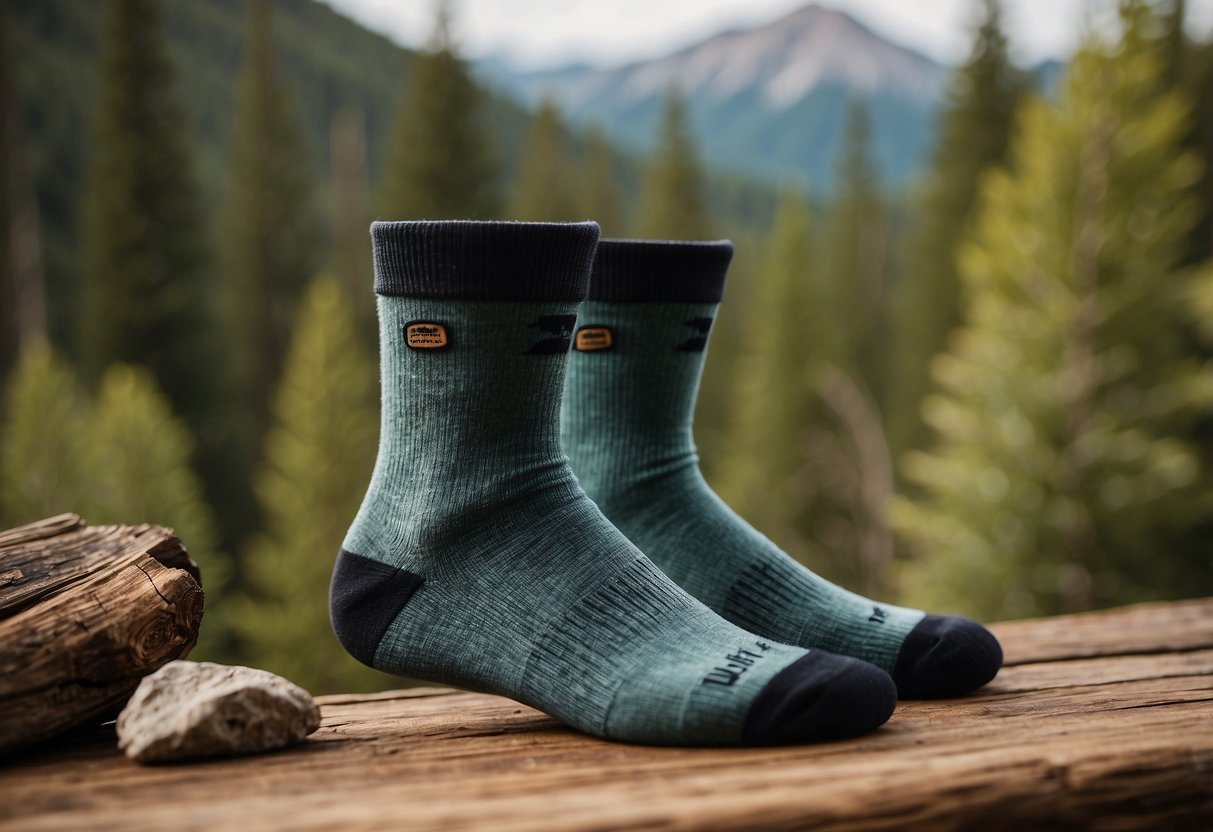 A pair of Injinji Trail Midweight Mini-Crew socks placed on a rustic wooden surface, surrounded by bird watching equipment and a nature-themed backdrop