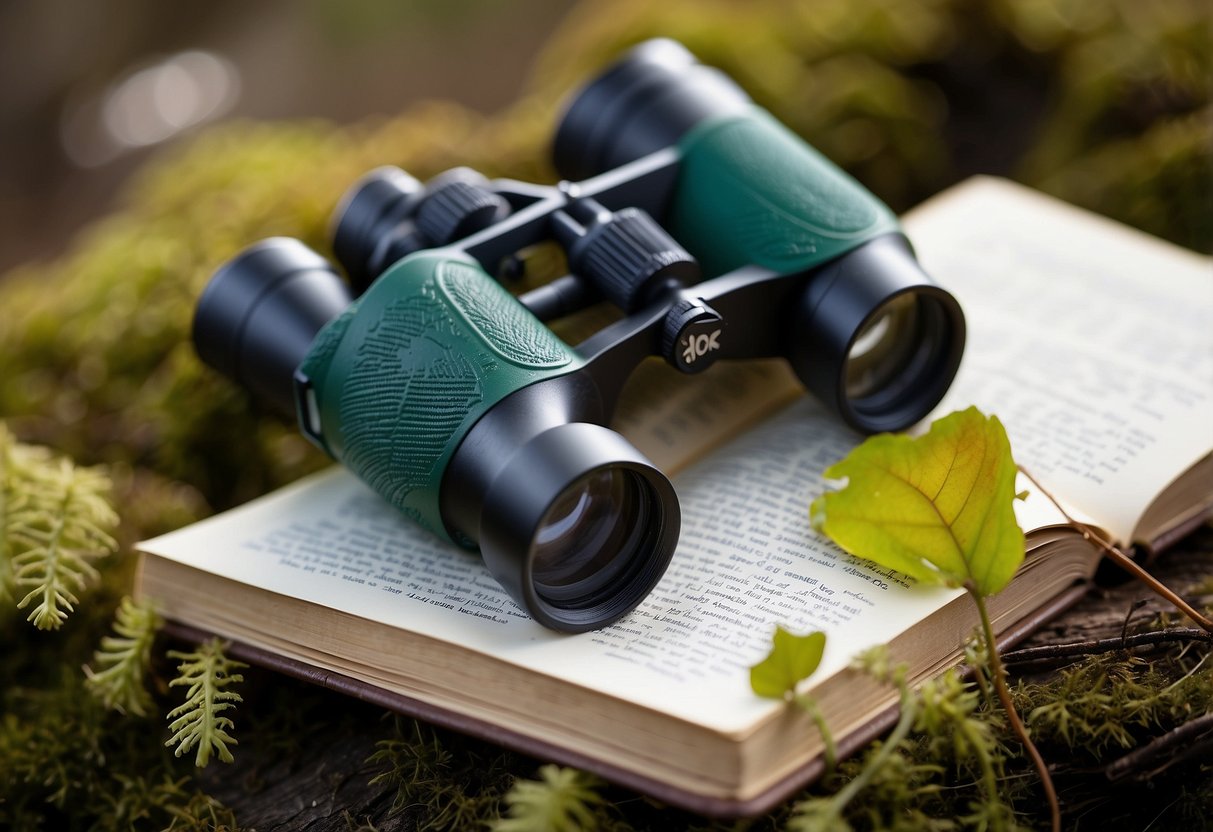 A pair of binoculars resting on a mossy log, surrounded by colorful bird feathers and a field guide book open to a page on bird species