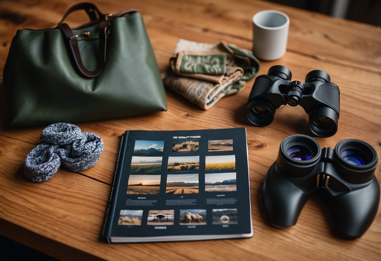 A pair of binoculars, a field guide, and five different pairs of socks with various patterns and materials laid out on a table