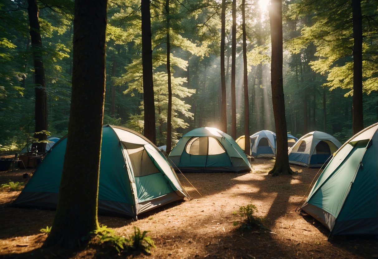 Birds flocking around lush trees, chirping and flitting about, while campers quietly observe from their tents. Sunlight filters through the leaves, casting dappled shadows on the forest floor