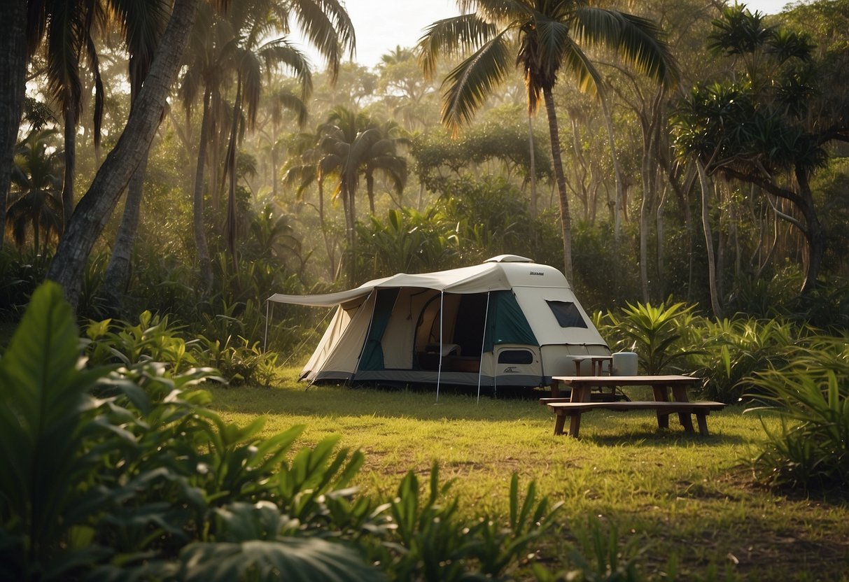 Lush vegetation surrounds a tranquil campsite in Everglades National Park, Florida. A variety of colorful birds flit among the trees, providing a picturesque setting for bird watchers