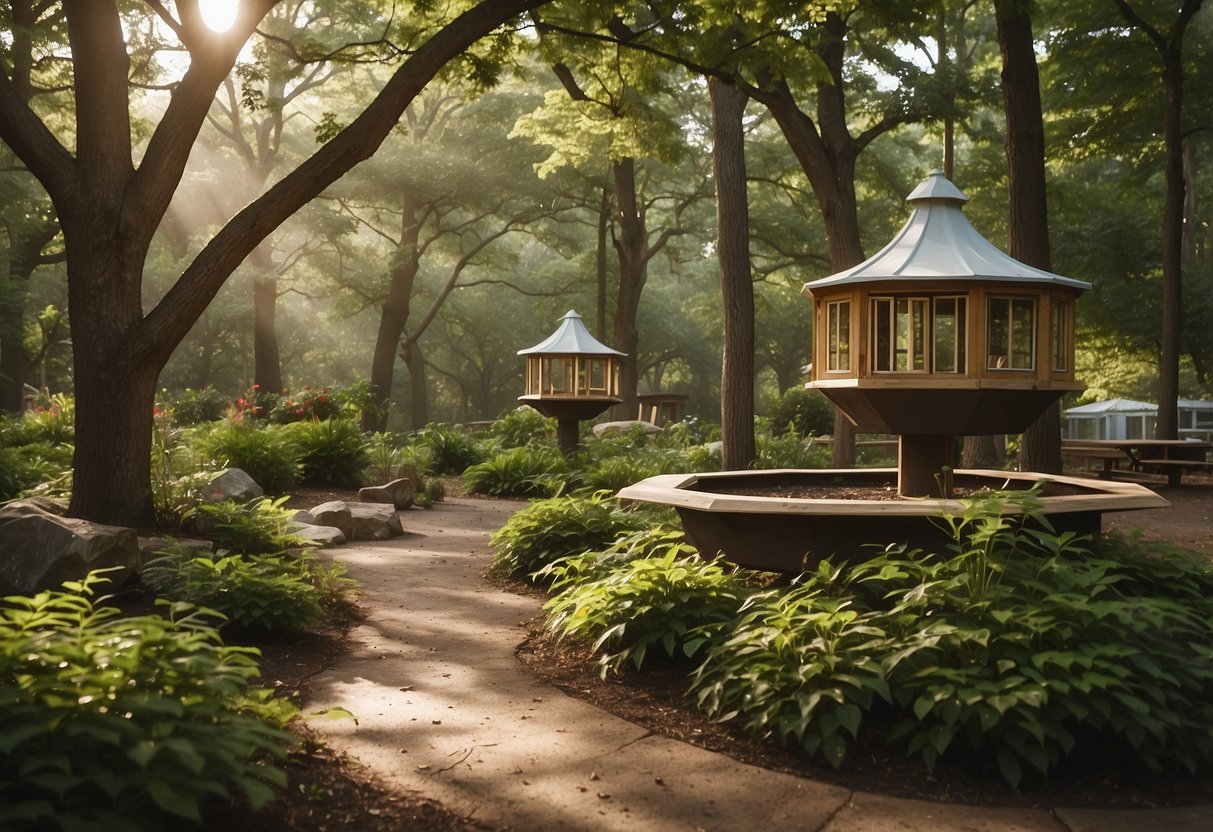 A serene, wooded campground in Cape May, New Jersey, with bird feeders and birdbaths, surrounded by lush foliage and frequented by various bird species