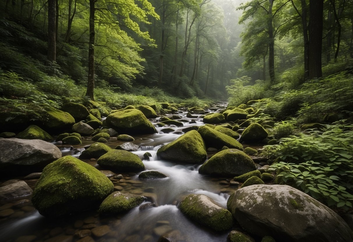 Lush forest with diverse bird species, clear streams, and mountain views in Great Smoky Mountains National Park, Tennessee. Ideal for bird watching campsites